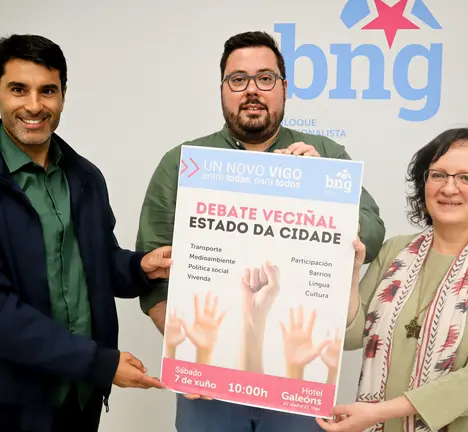 Filipe Abalde, Xabier P Igrexas e Ana Mart&iacute;nez presentan o Debate Veci&ntilde;al organizado polo BNG de Vigo