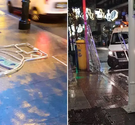 Luces ca&iacute;das na r&uacute;a Brasil (esq) e en Urzaiz (der, foto Hermes TV)