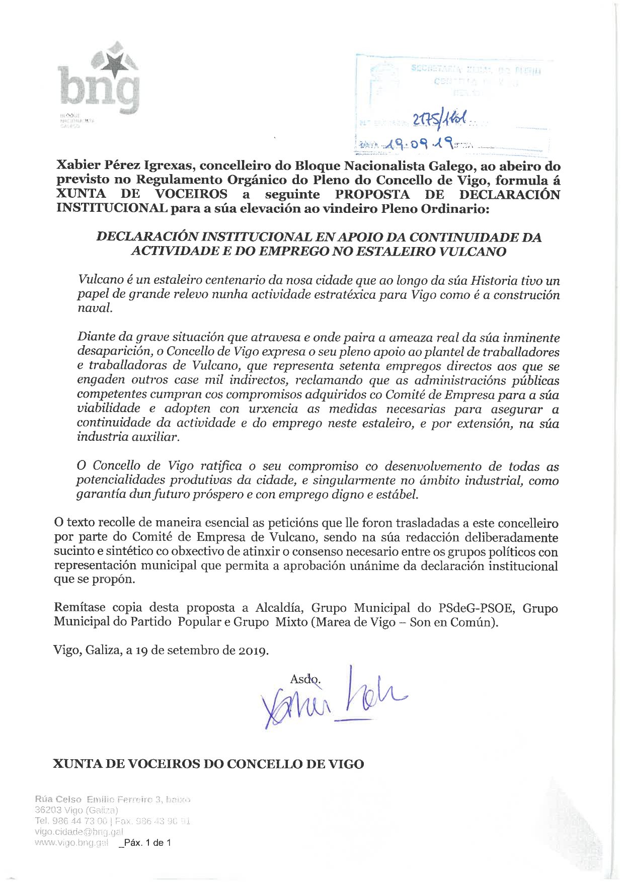 Proposta do BNG de Declaracion Institucional sobre Vulcano